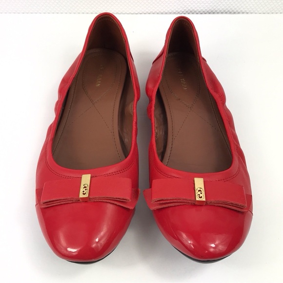 COLE HAAN Red Leather Ballet Flats Slippers w/Patent Cap Toe & Bow Womens 11B - Picture 9 of 9